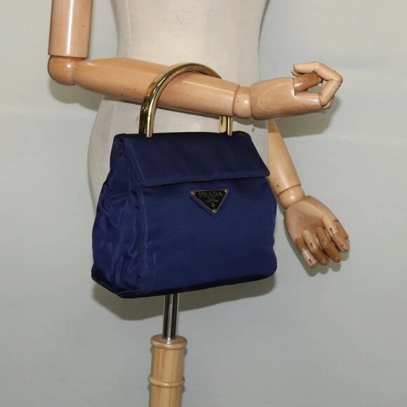 PRADA Hand Bag Nylon Metal Blue Gold Auth 137214 - Picture 14 of 16
